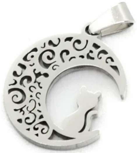 Dije de Acero Quirurgico luna calada con gato 18mm